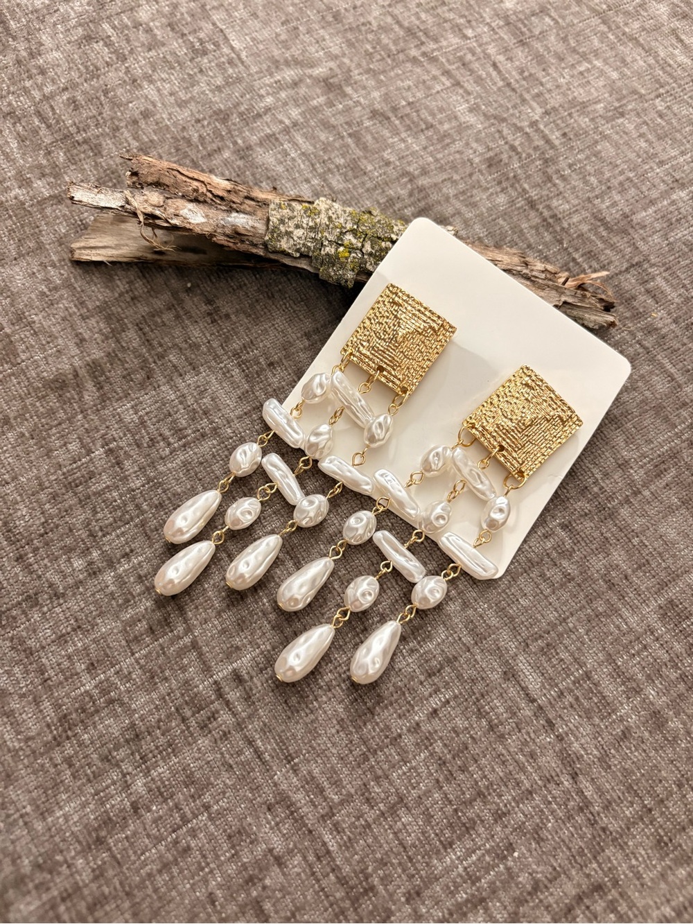 Vintage Gold Textured Post Earrings with Cream Pearl Drops